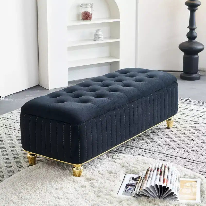 Banc de rangement en velours rembourré avec charnière de sécurité, pour salon et chambre à coucher