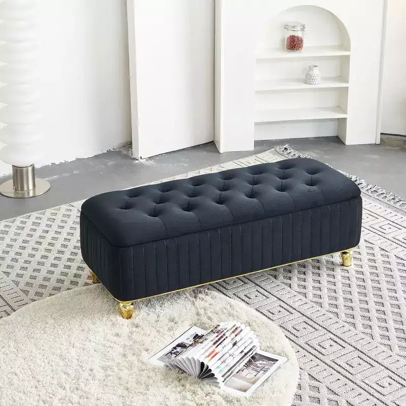 Banc de rangement en velours rembourré avec charnière de sécurité, pour salon et chambre à coucher