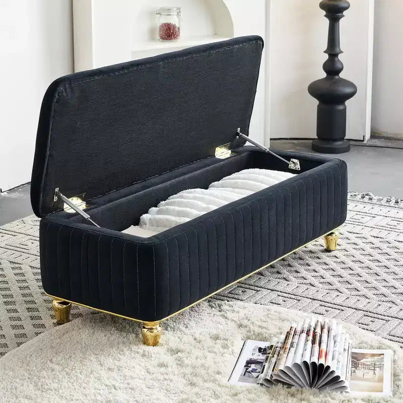 Banc de rangement en velours rembourré avec charnière de sécurité, pour salon et chambre à coucher