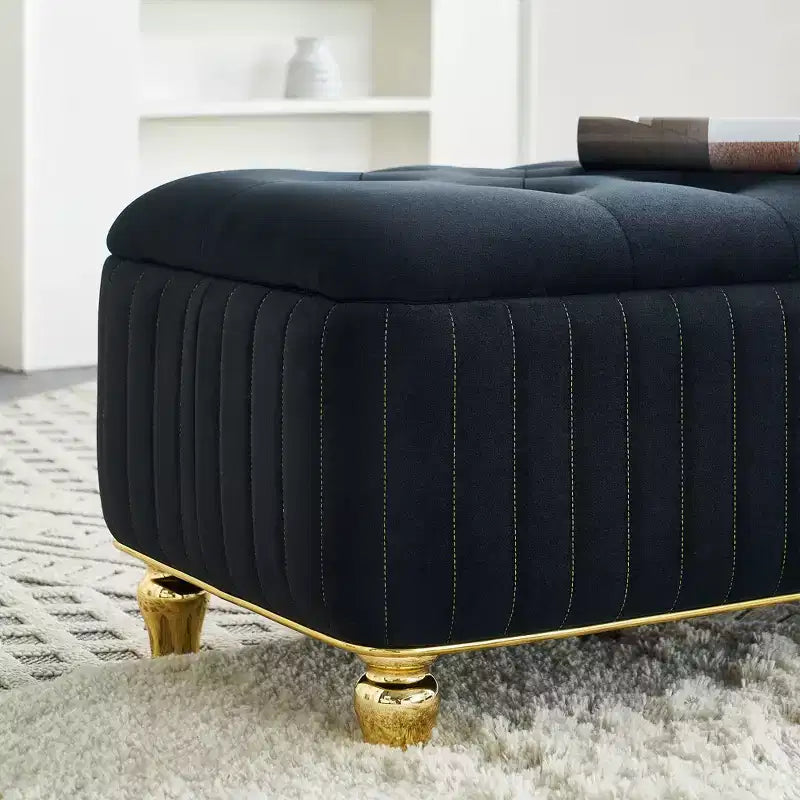 Banc de rangement en velours rembourré avec charnière de sécurité, pour salon et chambre à coucher