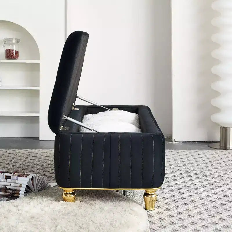 Banc de rangement en velours rembourré avec charnière de sécurité, pour salon et chambre à coucher