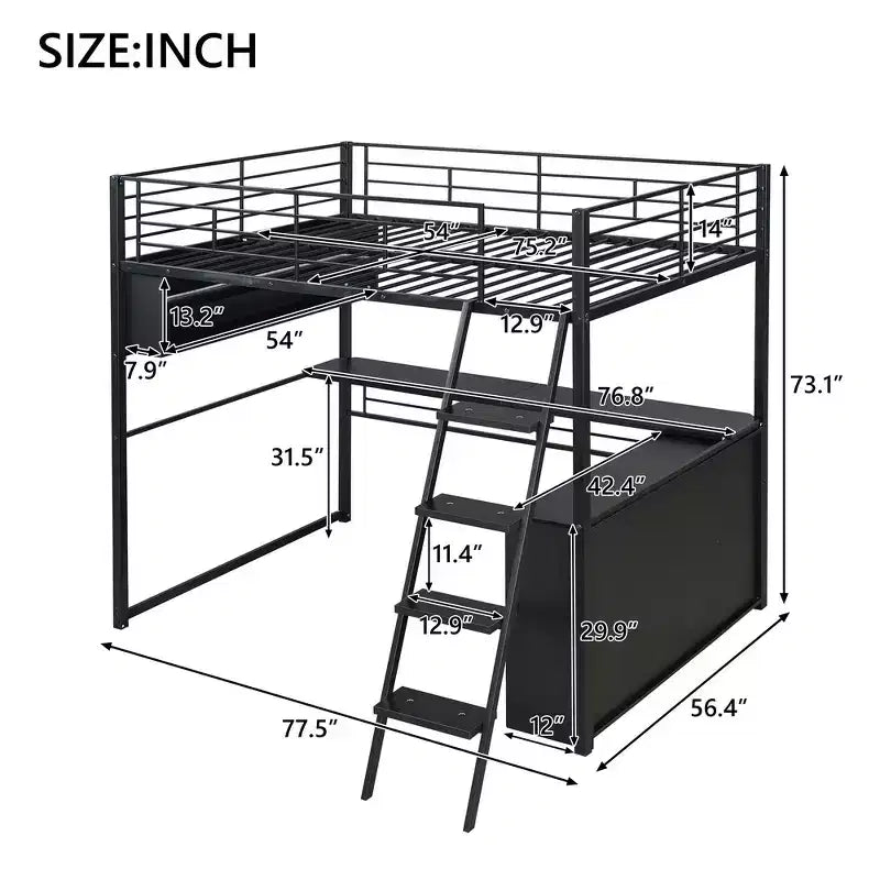 Lit mezzanine double en métal avec LED, bureau et 4 étagères de rangement