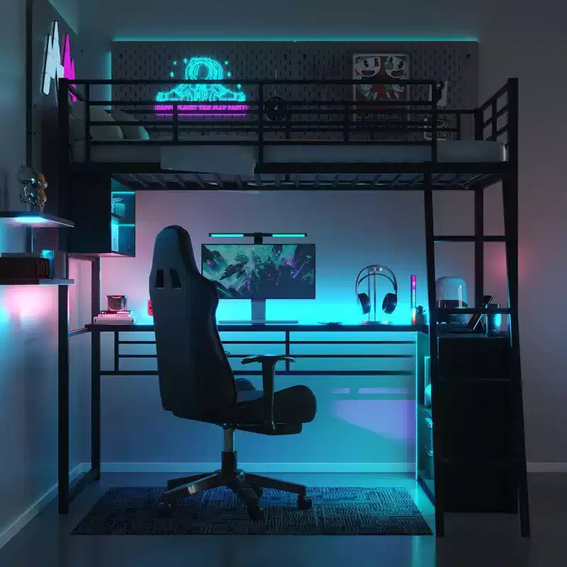 Lit mezzanine double en métal avec LED, bureau et 4 étagères de rangement