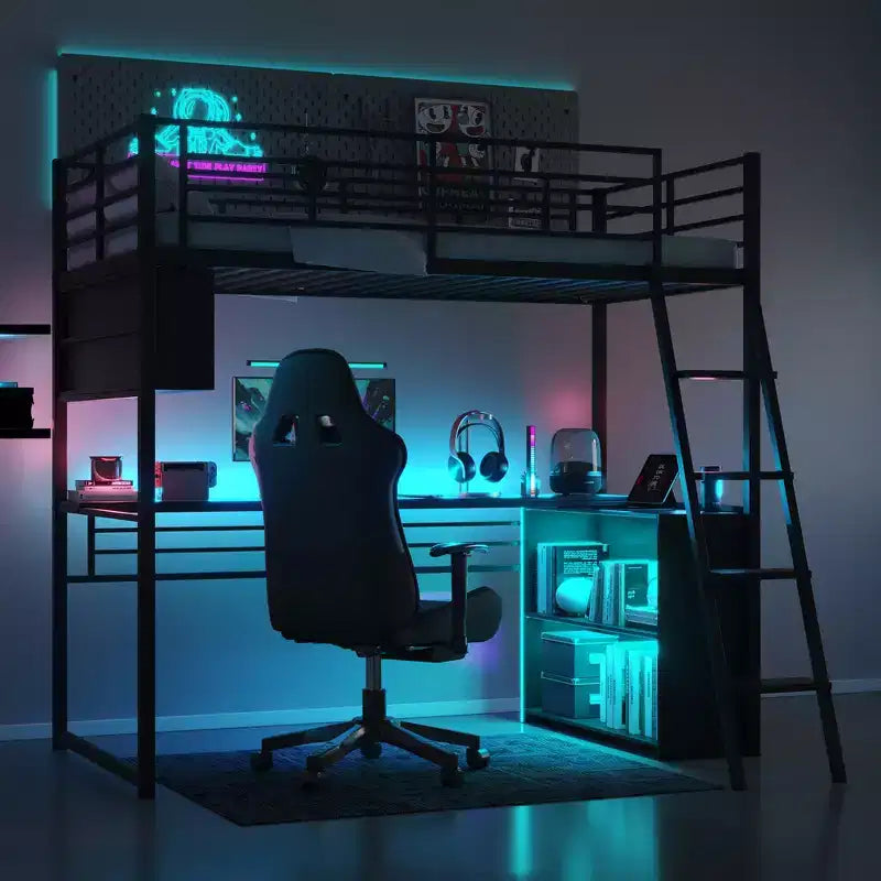 Lit mezzanine double en métal avec LED, bureau et 4 étagères de rangement