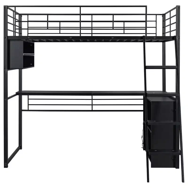 Lit mezzanine double en métal avec LED, bureau et 4 étagères de rangement