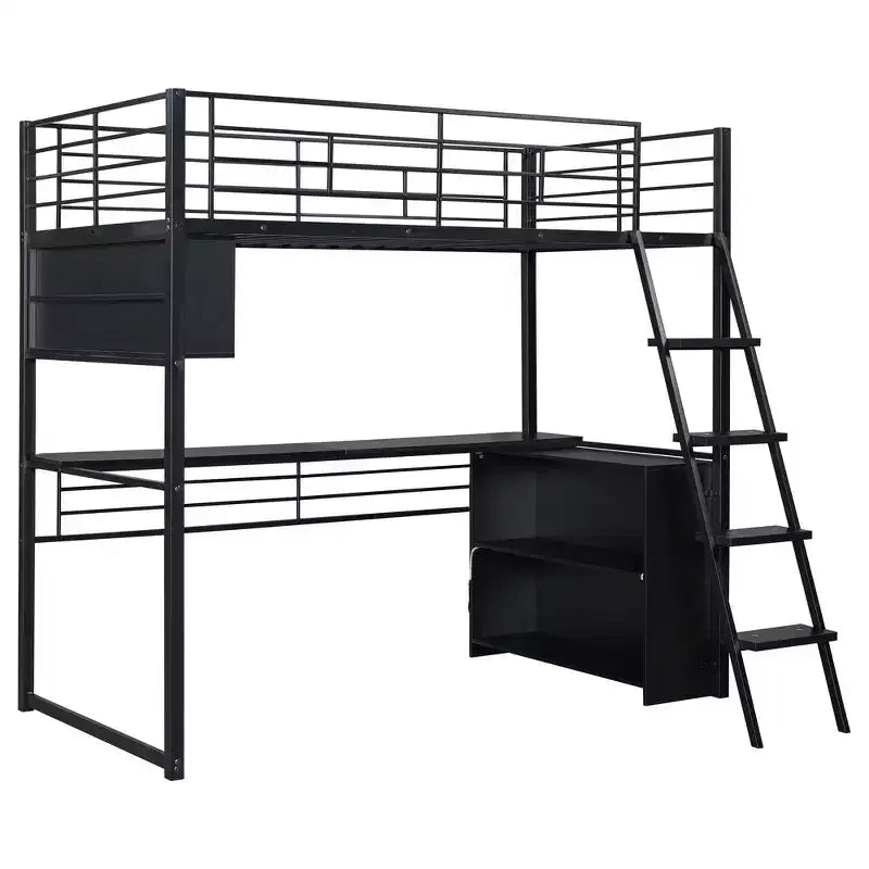 Lit mezzanine double en métal avec LED, bureau et 4 étagères de rangement