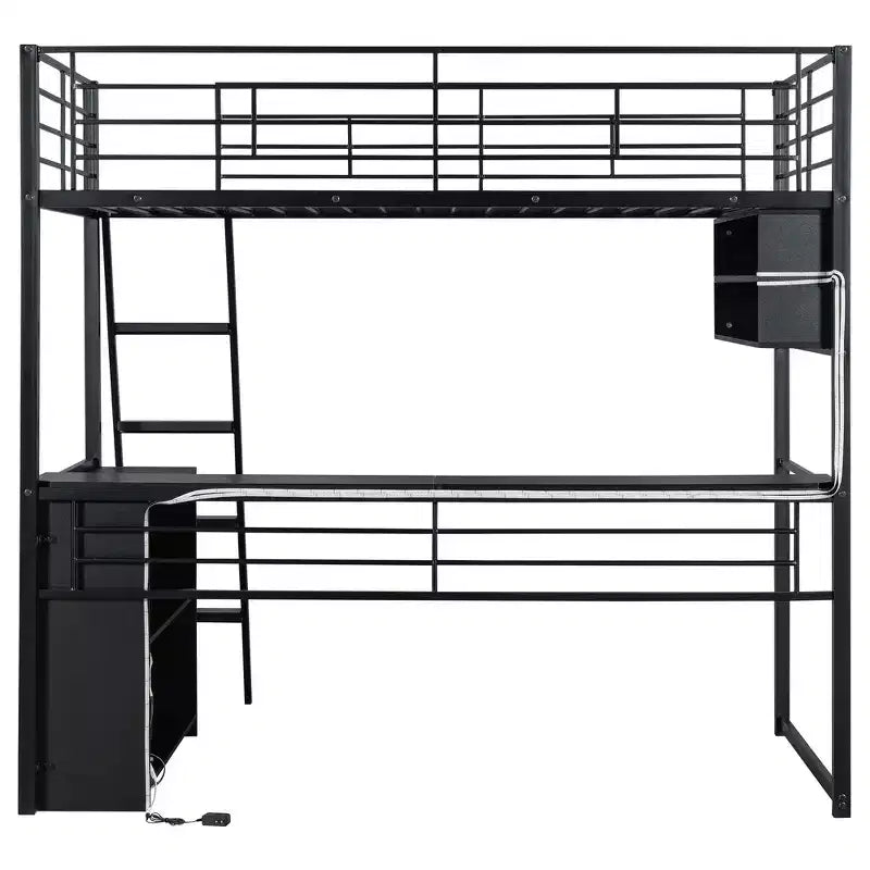 Lit mezzanine double en métal avec LED, bureau et 4 étagères de rangement