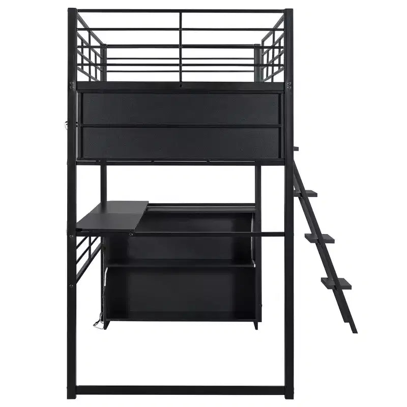 Lit mezzanine double en métal avec LED, bureau et 4 étagères de rangement