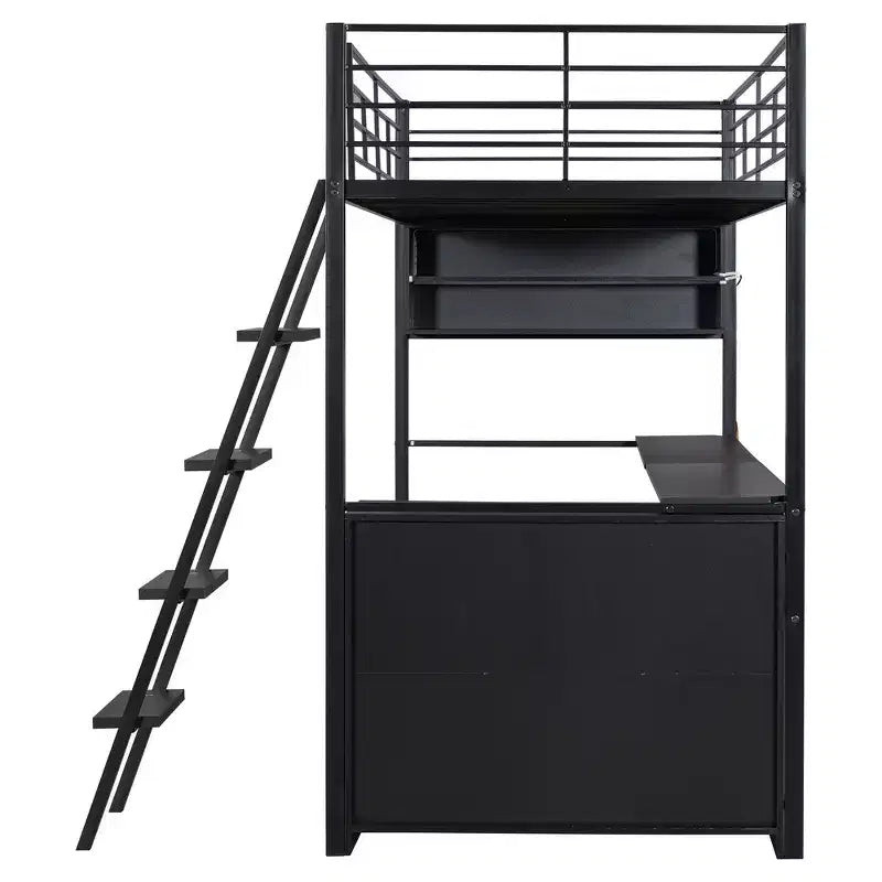Lit mezzanine double en métal avec LED, bureau et 4 étagères de rangement