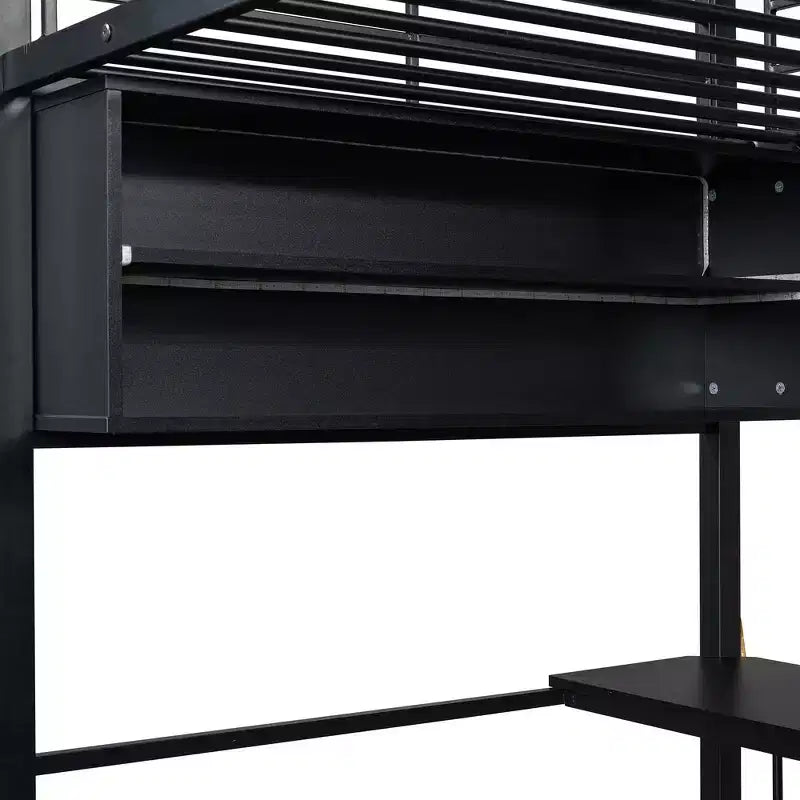 Lit mezzanine double en métal avec LED, bureau et 4 étagères de rangement