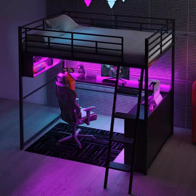 Lit mezzanine double en métal avec LED, bureau et 4 étagères de rangement