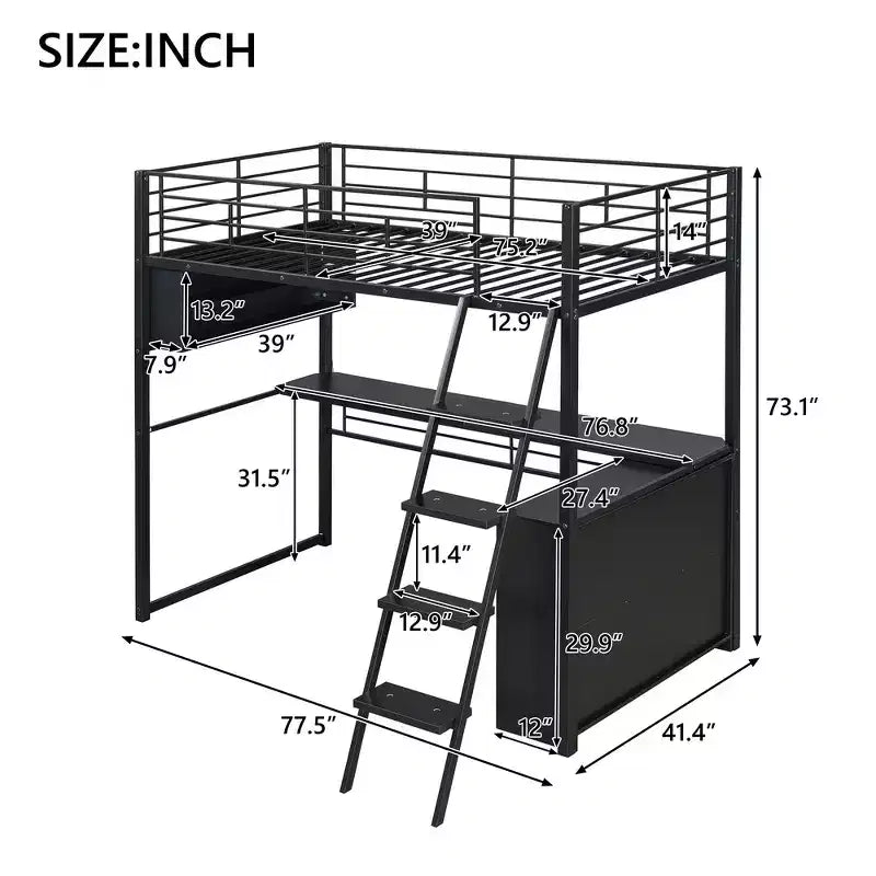 Lit mezzanine double en métal avec LED, bureau et 4 étagères de rangement
