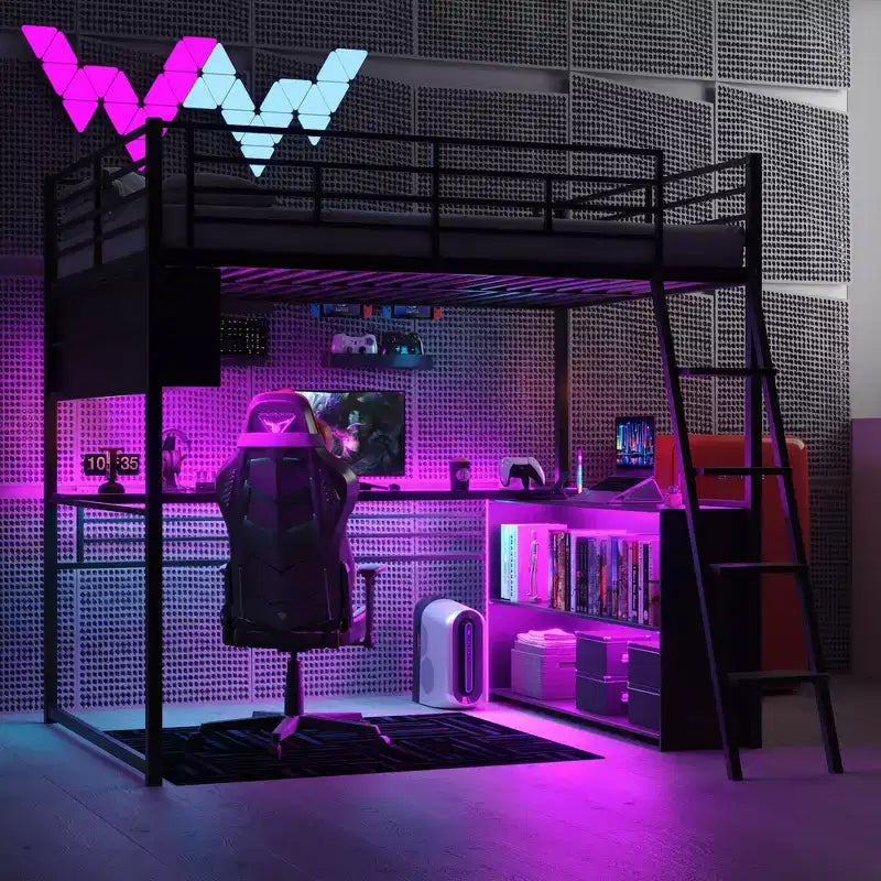 Lit mezzanine double en métal avec LED, bureau et 4 étagères de rangement
