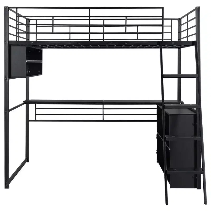 Lit mezzanine double en métal avec LED, bureau et 4 étagères de rangement