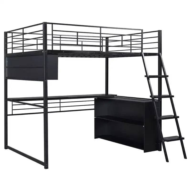 Lit mezzanine double en métal avec LED, bureau et 4 étagères de rangement