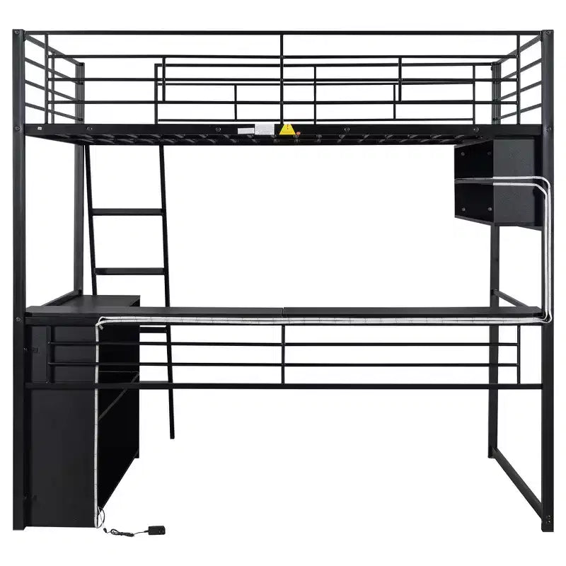 Lit mezzanine double en métal avec LED, bureau et 4 étagères de rangement
