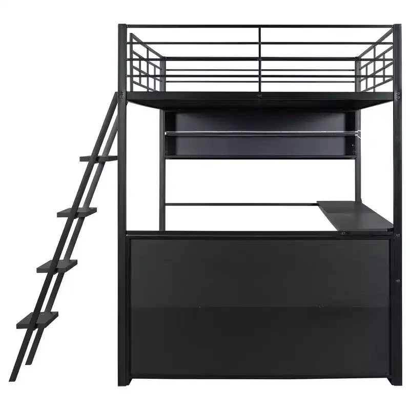 Lit mezzanine double en métal avec LED, bureau et 4 étagères de rangement