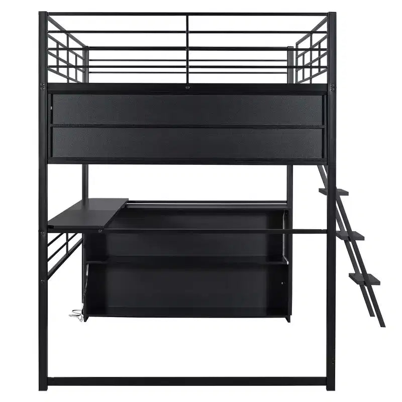 Lit mezzanine double en métal avec LED, bureau et 4 étagères de rangement