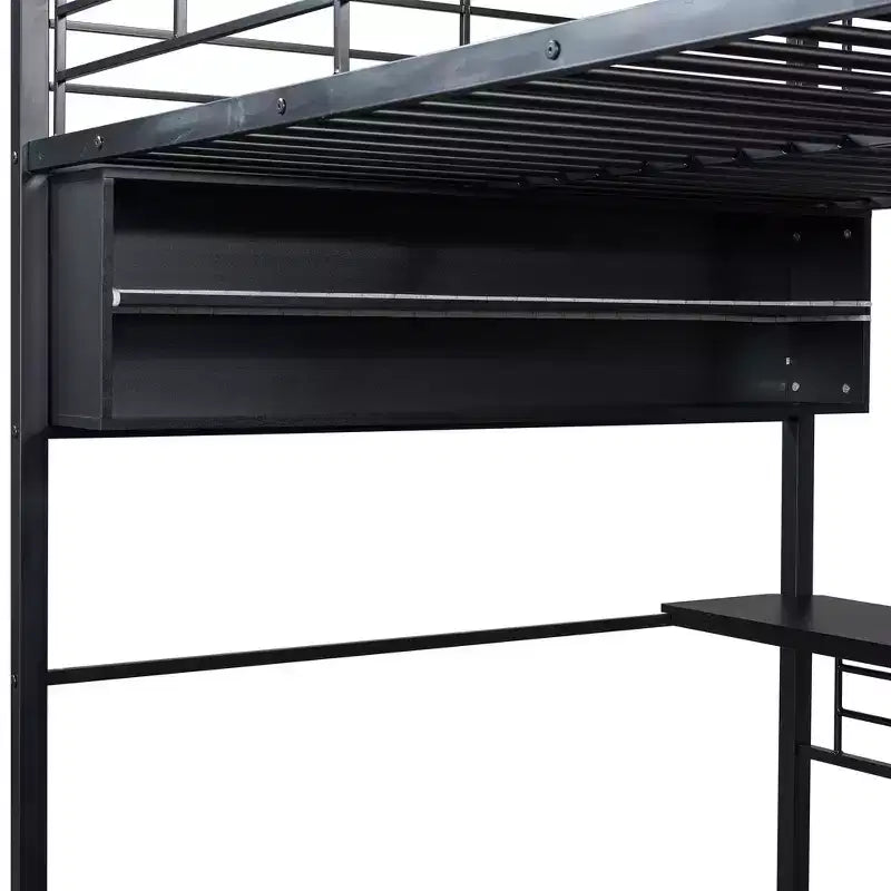 Lit mezzanine double en métal avec LED, bureau et 4 étagères de rangement