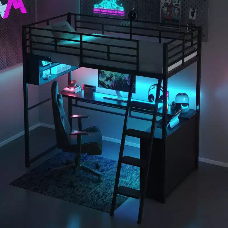 Lit mezzanine double en métal avec LED, bureau et 4 étagères de rangement
