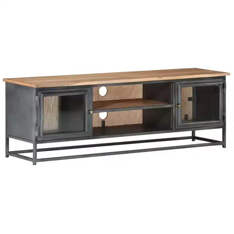 Meuble TV de style industriel en bois d'acacia massif avec pieds en acier - Meuble de divertissement avec portes en verre et grand espace de rangement - Gris