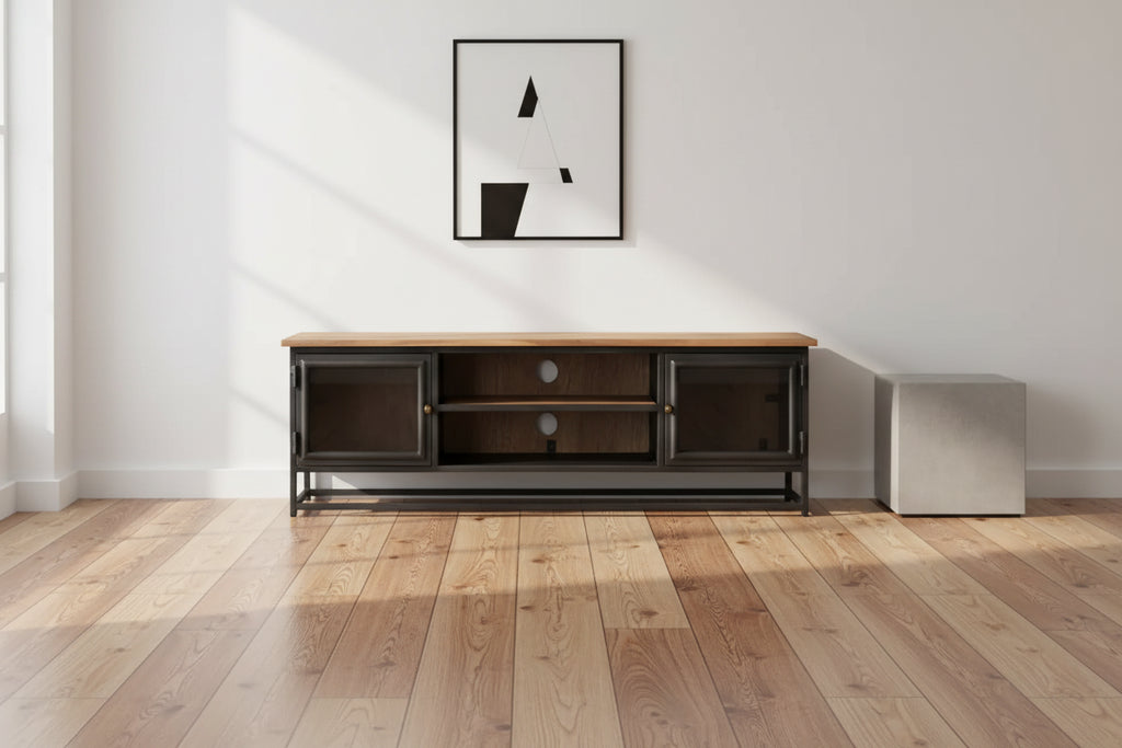 Meuble TV de style industriel en bois d'acacia massif avec pieds en acier - Meuble de divertissement avec portes en verre et grand espace de rangement - Gris