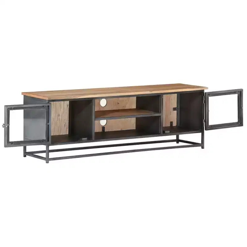 Meuble TV de style industriel en bois d'acacia massif avec pieds en acier - Meuble de divertissement avec portes en verre et grand espace de rangement - Gris