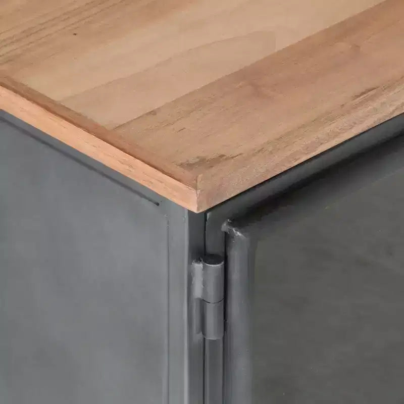 Meuble TV de style industriel en bois d'acacia massif avec pieds en acier - Meuble de divertissement avec portes en verre et grand espace de rangement - Gris