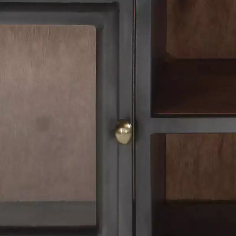 Meuble TV de style industriel en bois d'acacia massif avec pieds en acier - Meuble de divertissement avec portes en verre et grand espace de rangement - Gris