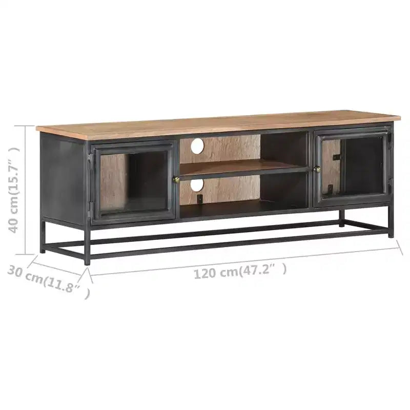 Meuble TV de style industriel en bois d'acacia massif avec pieds en acier - Meuble de divertissement avec portes en verre et grand espace de rangement - Gris