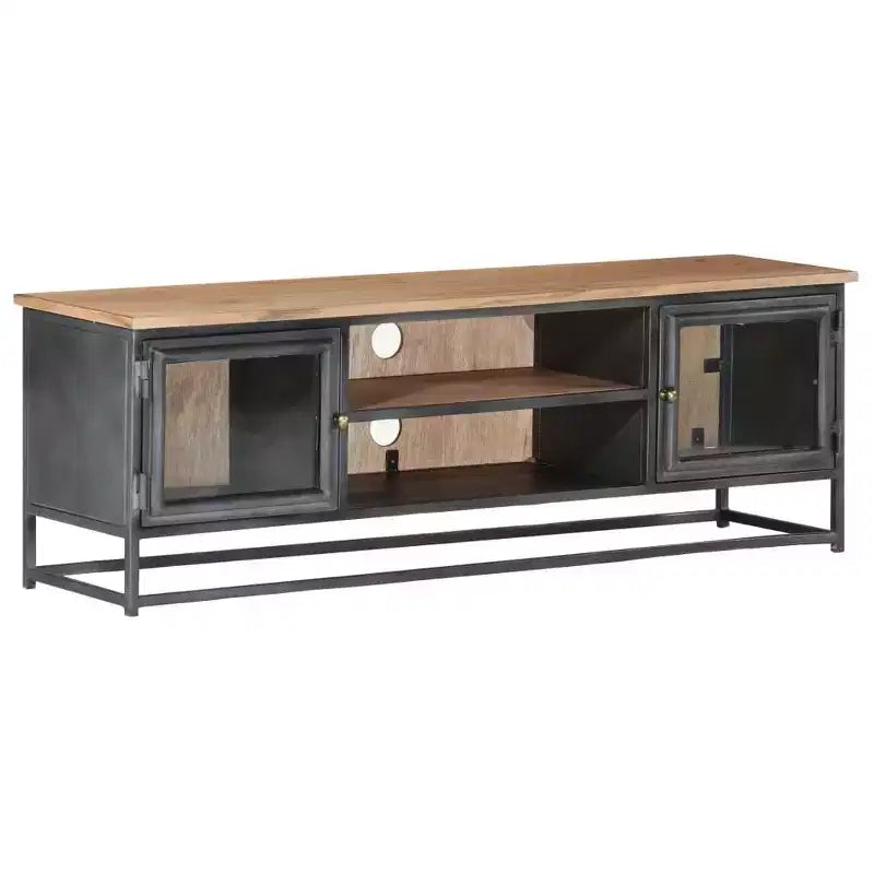 Meuble TV de style industriel en bois d'acacia massif avec pieds en acier - Meuble de divertissement avec portes en verre et grand espace de rangement - Gris
