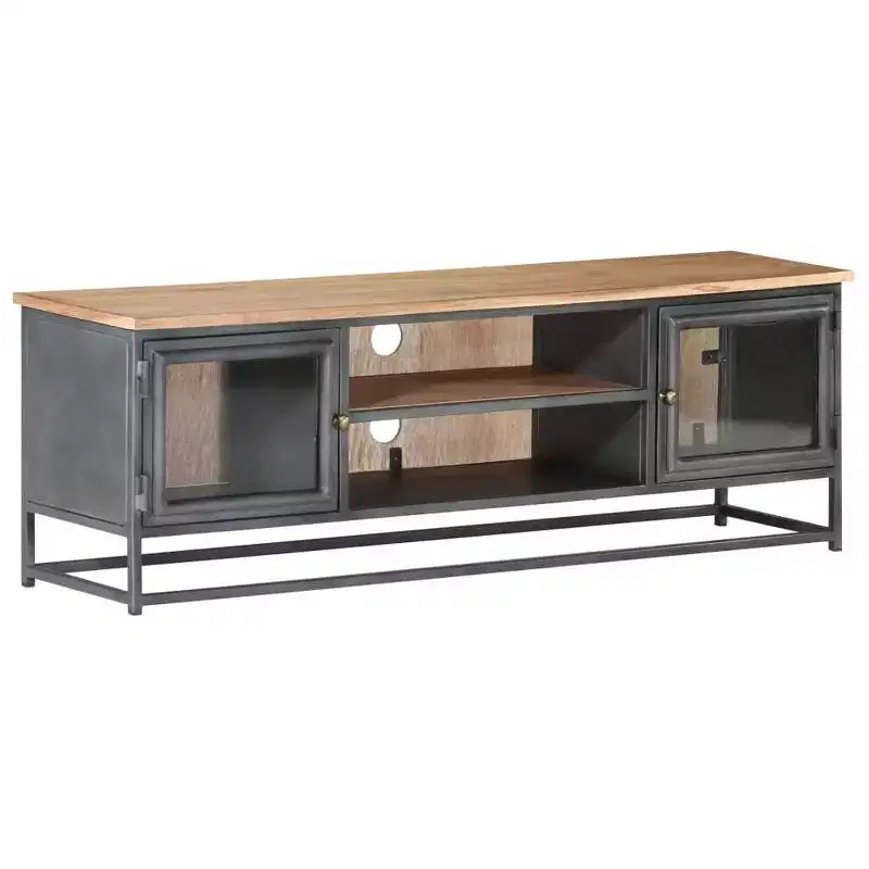 Meuble TV de style industriel en bois d'acacia massif avec pieds en acier - Meuble de divertissement avec portes en verre et grand espace de rangement - Gris