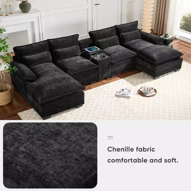Canapé sectionnel en U de 312 cm avec port USB, porte-gobelets et console, canapé 6 places en chenille avec double coussin pour salon