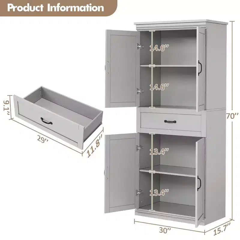 Meuble de rangement, armoire de cuisine haute de 70 po avec 2 portes et 3 étagères réglables, armoire autoportante, meuble de rangement moderne pour salle de bain