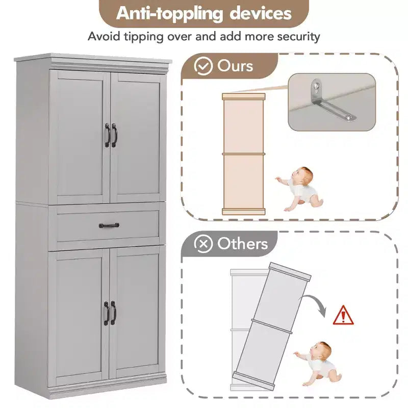 Meuble de rangement, armoire de cuisine haute de 70 po avec 2 portes et 3 étagères réglables, armoire autoportante, meuble de rangement moderne pour salle de bain