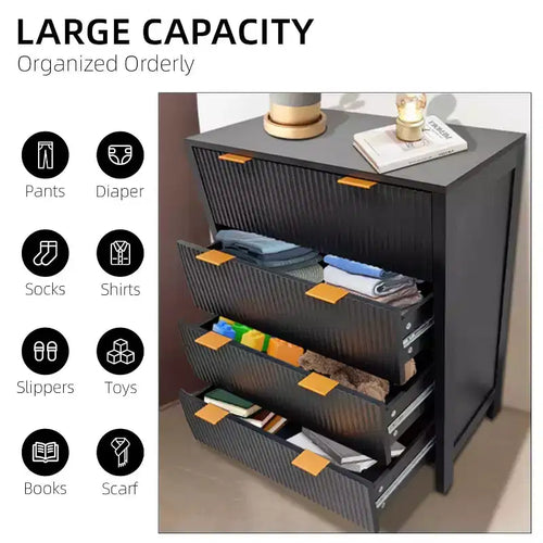 Commode à 4 tiroirs, Commode de chambre cannelée, Organisateur haut de style Mid-Century Modern avec poignée en métal, Rangement pour chambre, salon, couloir