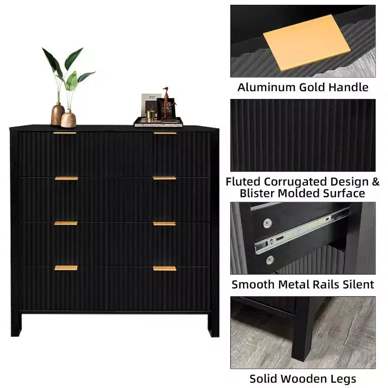 Commode à 4 tiroirs, Commode de chambre cannelée, Organisateur haut de style Mid-Century Modern avec poignée en métal, Rangement pour chambre, salon, couloir