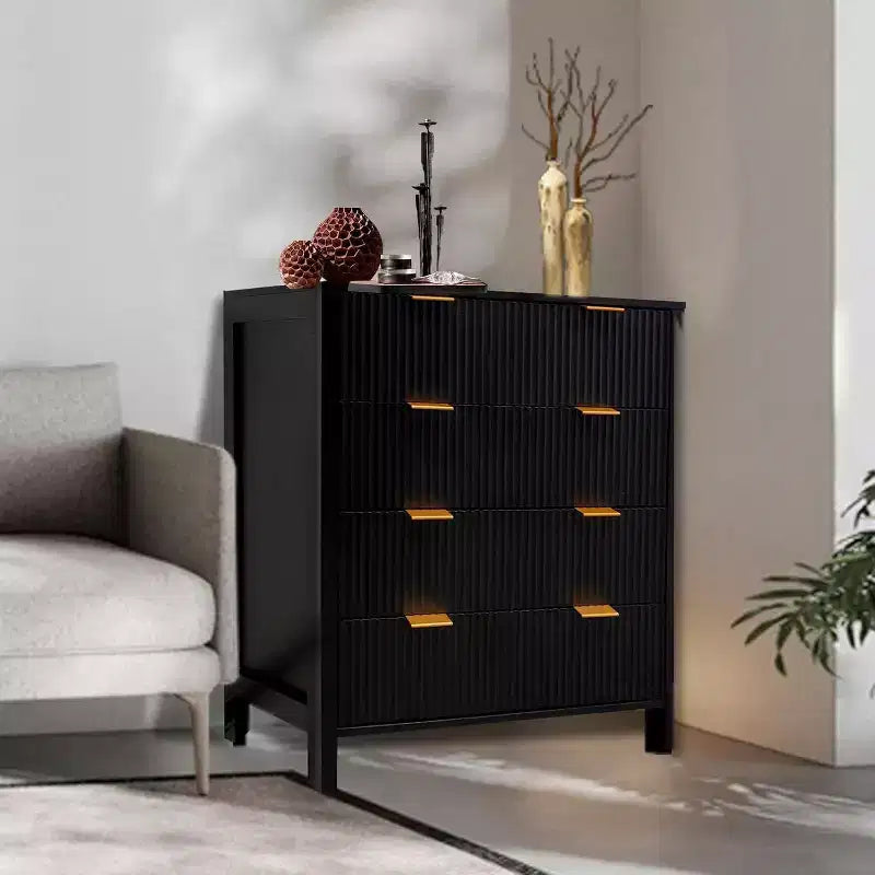Commode à 4 tiroirs, Commode de chambre cannelée, Organisateur haut de style Mid-Century Modern avec poignée en métal, Rangement pour chambre, salon, couloir