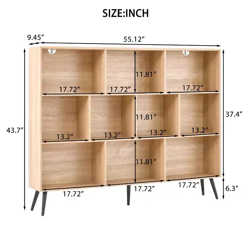 Étagère bibliothèque en bois à 10 casiers, bibliothèque ouverte autoportante à 3 niveaux avec 5 pieds en fer, organisateur de rangement ouvert, vitrine sur pied