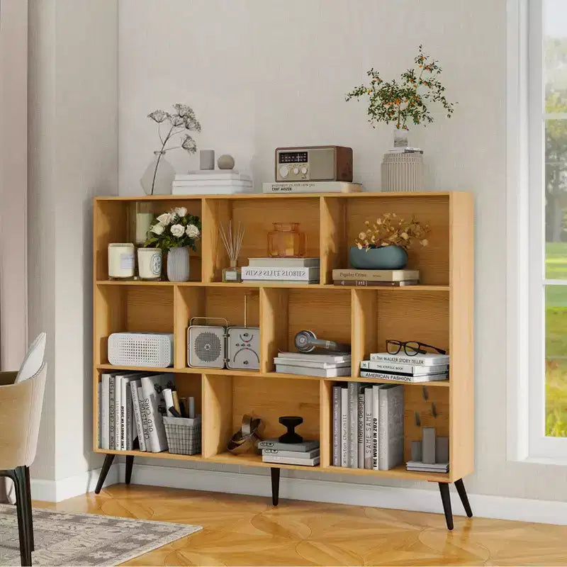 Étagère bibliothèque en bois à 10 casiers, bibliothèque ouverte autoportante à 3 niveaux avec 5 pieds en fer, organisateur de rangement ouvert, vitrine sur pied