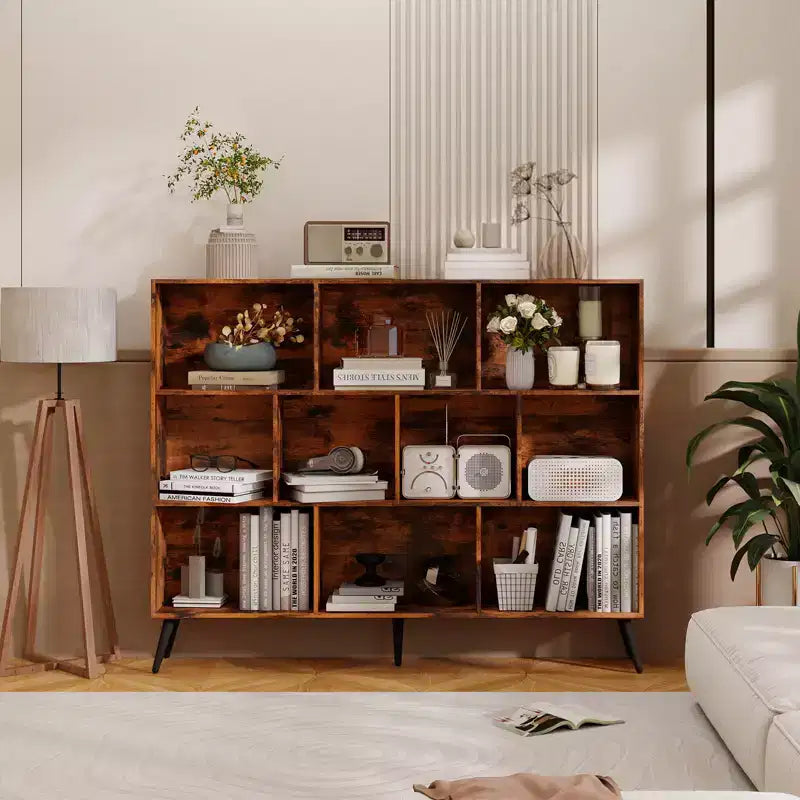 Étagère bibliothèque en bois à 10 casiers, bibliothèque ouverte autoportante à 3 niveaux avec 5 pieds en fer, organisateur de rangement ouvert, vitrine sur pied