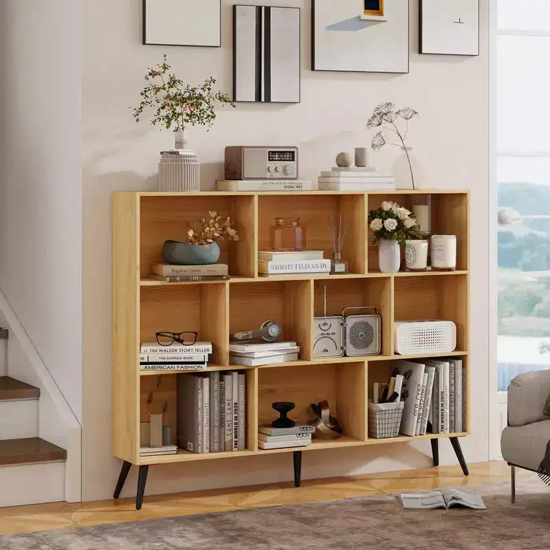 Étagère bibliothèque en bois à 10 casiers, bibliothèque ouverte autoportante à 3 niveaux avec 5 pieds en fer, organisateur de rangement ouvert, vitrine sur pied