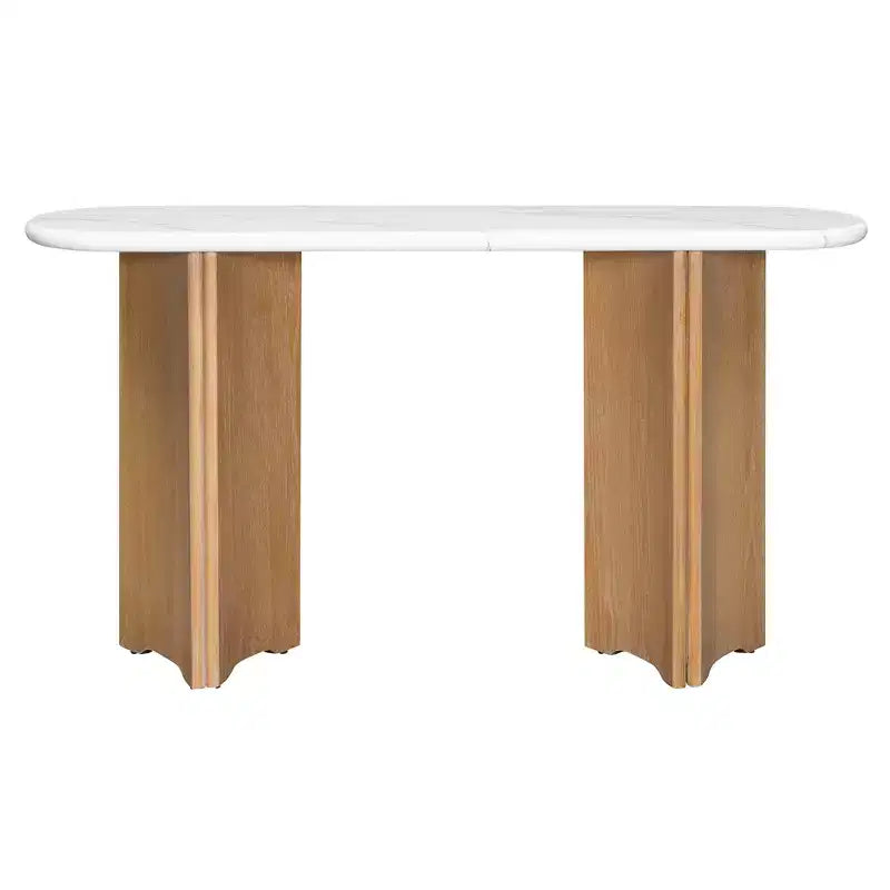Console étroite avec plateau ovale en faux marbre, table de canapé rustique avec pieds incurvés pour salon blanc naturel