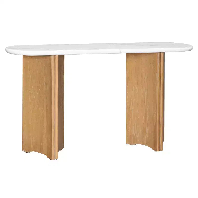 Console étroite avec plateau ovale en faux marbre, table de canapé rustique avec pieds incurvés pour salon blanc naturel