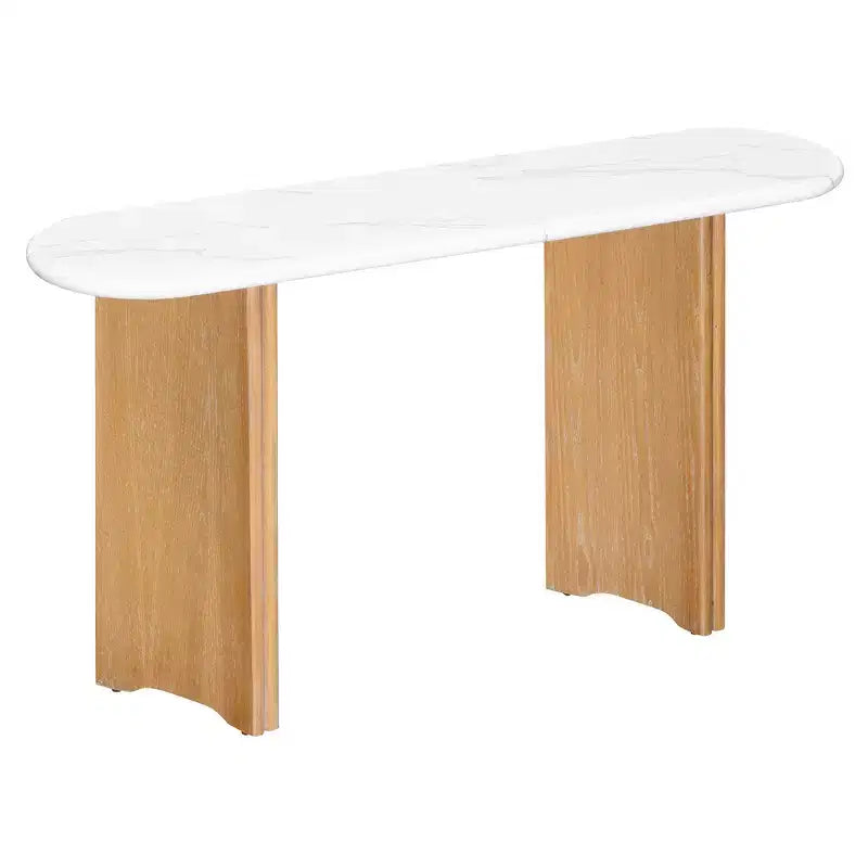 Console étroite avec plateau ovale en faux marbre, table de canapé rustique avec pieds incurvés pour salon blanc naturel