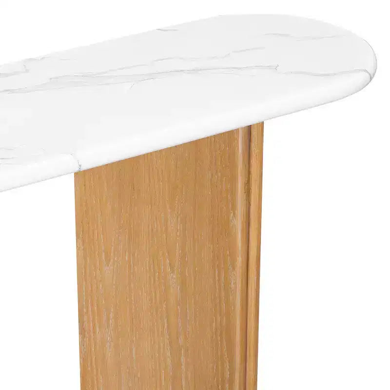 Console étroite avec plateau ovale en faux marbre, table de canapé rustique avec pieds incurvés pour salon blanc naturel