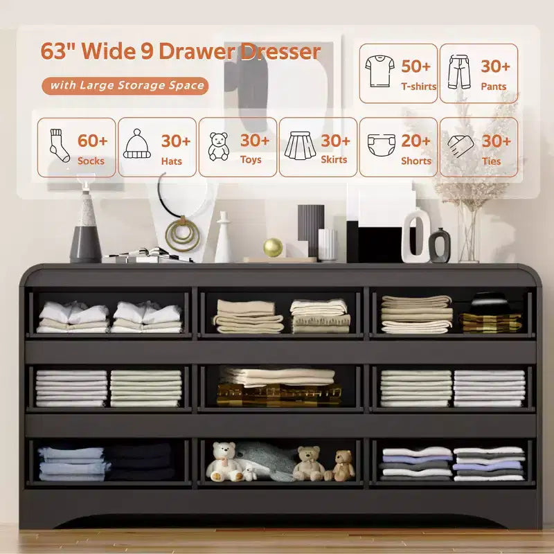 Commode de Chambre à 9 Tiroirs, Commode & Chiffonnier Moderne de 160 cm de Large avec Glissières Préinstallées