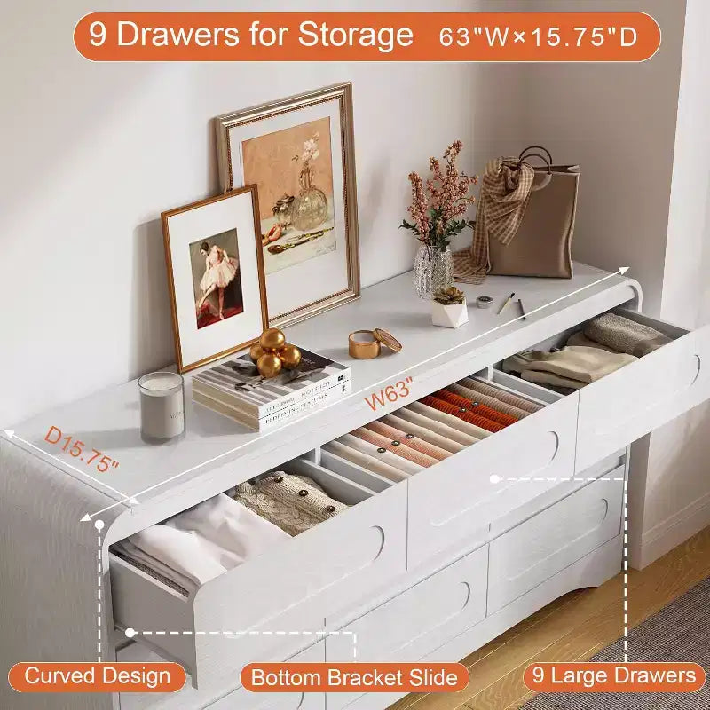 Commode de Chambre à 9 Tiroirs, Commode & Chiffonnier Moderne de 160 cm de Large avec Glissières Préinstallées