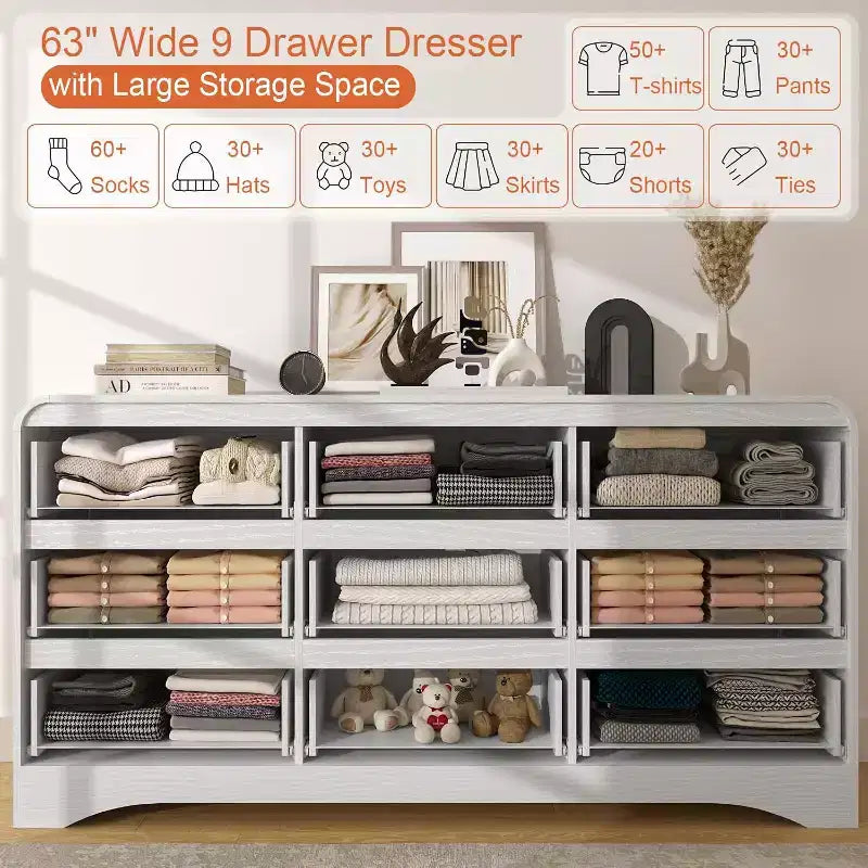 Commode de Chambre à 9 Tiroirs, Commode & Chiffonnier Moderne de 160 cm de Large avec Glissières Préinstallées