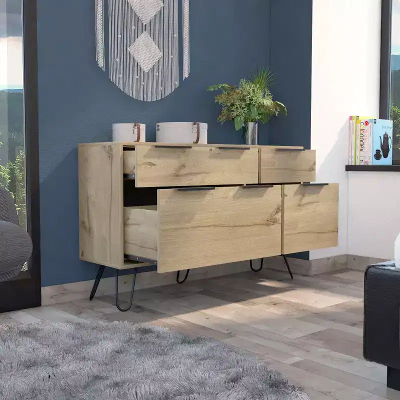Commode 3/4 tiroirs Rangement compact pour vêtements, pieds en acier robustes et surface supérieure durable, pour salon/chambre/bureau, chêne clair